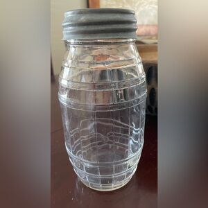 Vtg Glass Jar Barrel Shape Stripe Zinc Lid 1 Quart Good Vintage Condition
